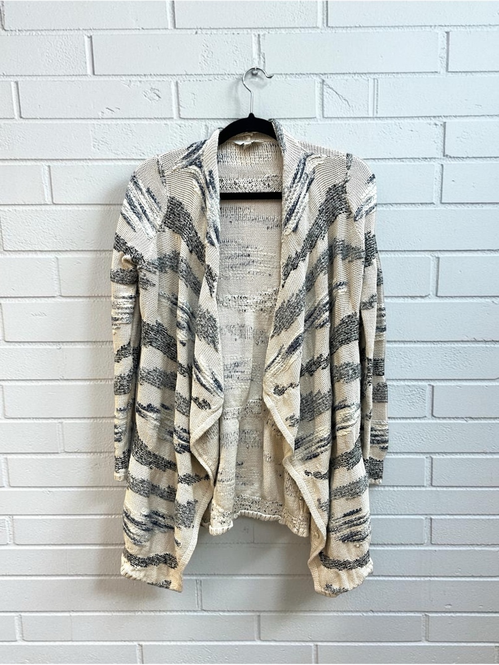 Lucky Brand Cream Gray Textured Open Front Cardigan Draped Sweater, S